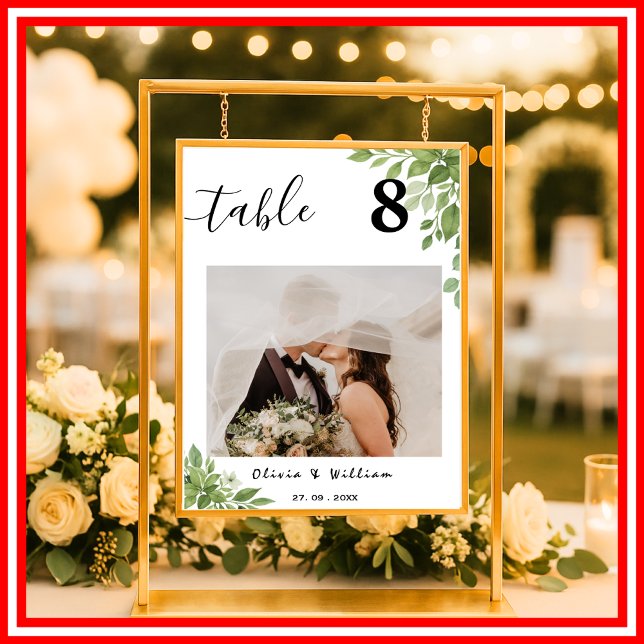 Affiche Numéro de table de mariage aux feuilles vert sauge (Créateur téléchargé)