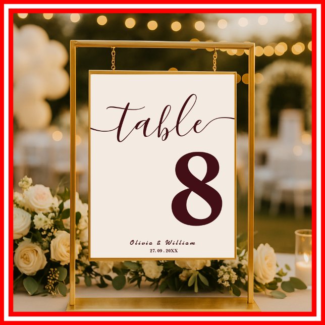 Affiche Numéro de table de mariage Bourgogne et Ivory (Créateur téléchargé)