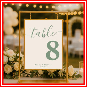 Affiche Numéro de table de mariage PHOTO Vert Sauge