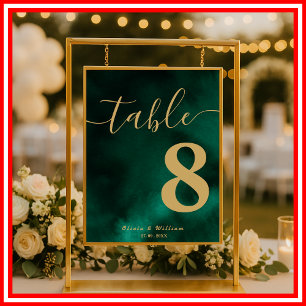 Affiche Numéro de table de mariage vert émeraude et or