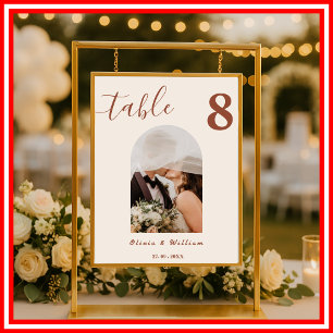 Affiche Numéro de table PHOTO de mariage bohème orange brû