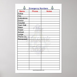 Affiche Numéro de téléphone d'urgence maçonnique