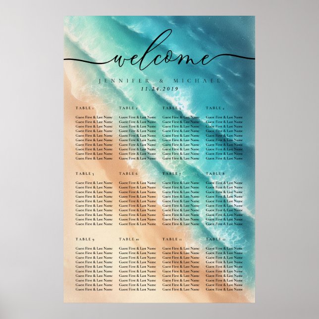 Affiche Numéros de table de mariage de fête d'été de plage (Devant)