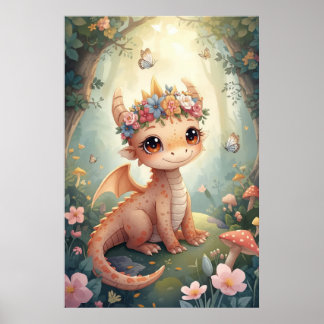Affiche Nurserie au dragon bébé aquarelle florale pêche