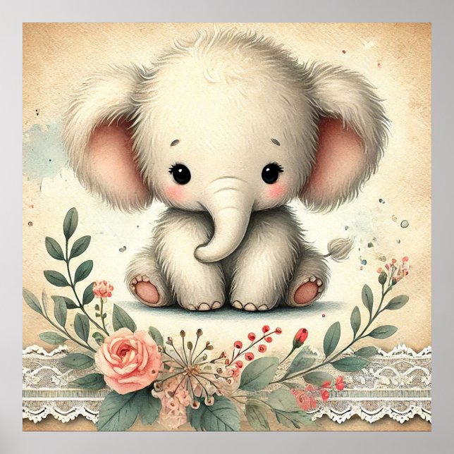 Affiche Nurserie Bébé Éléphant Floral (Devant)