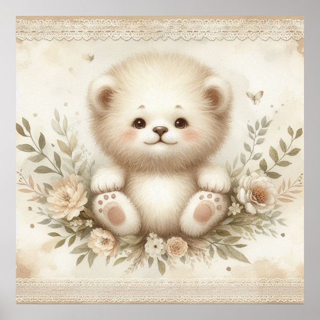 Affiche Nurserie Bébé Lion Floral (Devant)