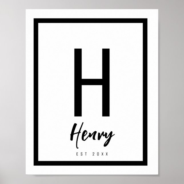 Affiche Nurserie chic moderne noir et blanc avec initiale  (Devant)