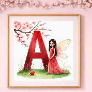 Affiche Nurserie de Bébé Fille Lettre A Florale Féerique
