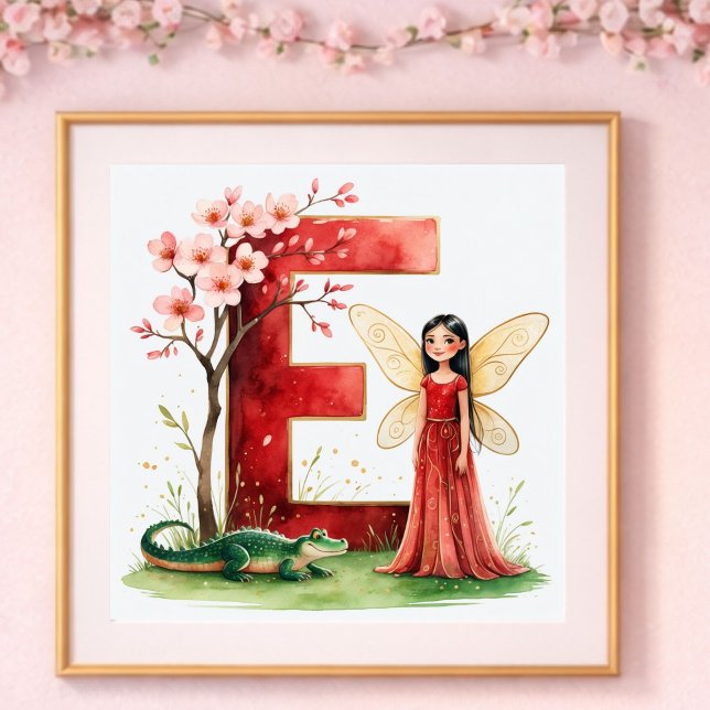 Affiche Nurserie de bébé fille Lettre E Fée Floral (Créateur téléchargé)