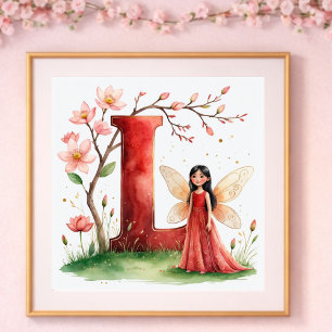Affiche Nurserie de bébé fille Lettre L Fée Floral