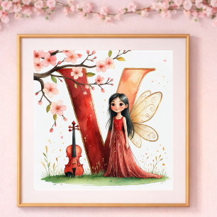 Affiche Nurserie de Bébé Fille Lettre V Fée Floral