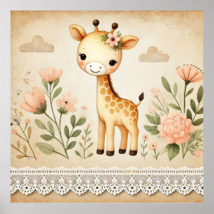 Affiche Nurserie de bébé girafe florale