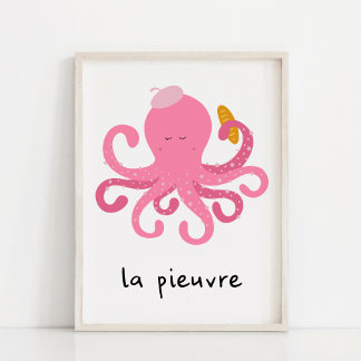 Affiche Nurserie de la pieuvre rose mignonne française