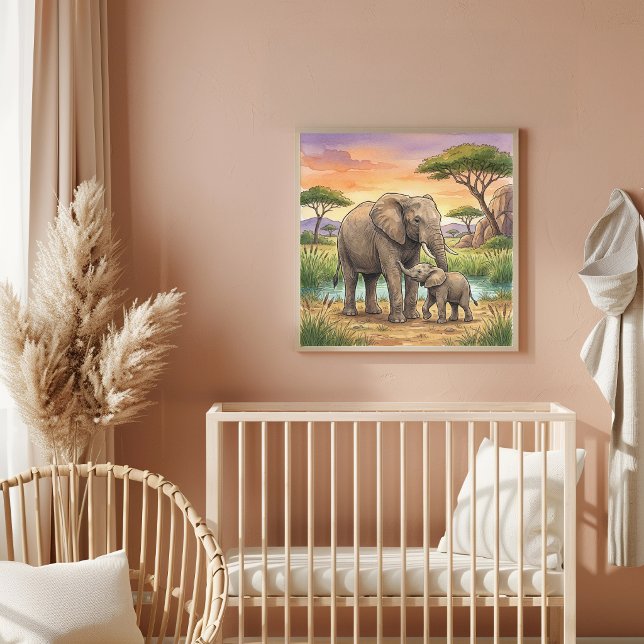 Affiche Nurserie de l'éléphant maman et bébé (Créateur téléchargé)