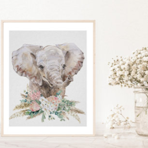 Affiche Nurserie éléphant bébé aquarelle tropical bohème