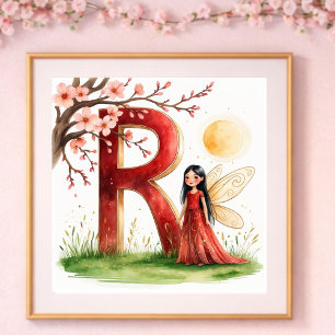 Affiche Nurserie Fille Lettre R Fée Floral