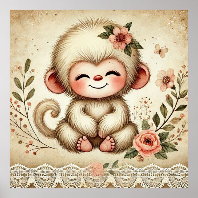 Affiche Nurserie Fleurie pour Bébé Singe (Devant)