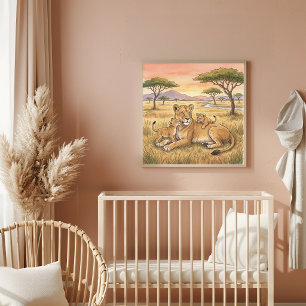 Affiche Nurserie Mama Lion et ses petits