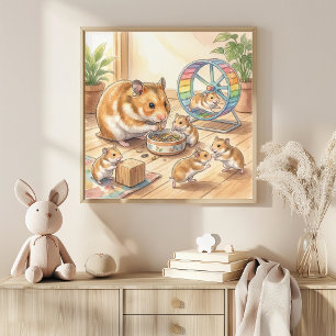Affiche Nurserie Maman Hamster et Bébés