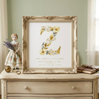 Affiche Nurserie Mignon Romantique Floral Lettre Z Or LPM2