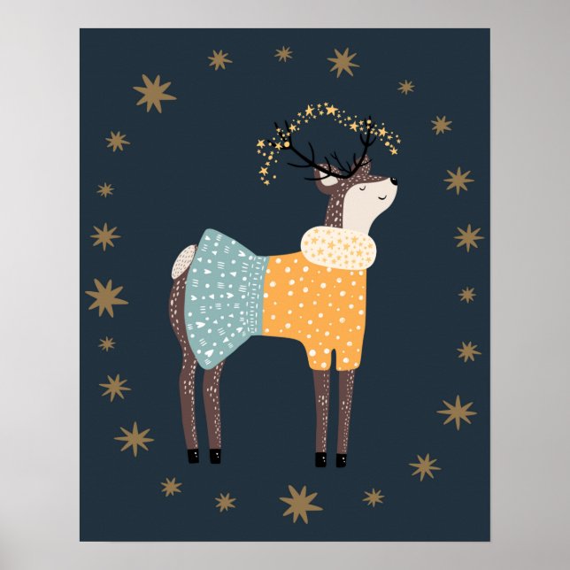 Affiche Nurserie moderne scandinave cerf et étoiles (Devant)