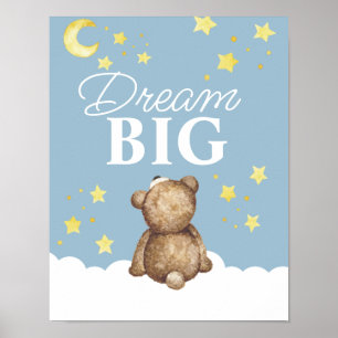 Affiche Nurserie Ourson Rêve Grande Lune et Étoiles 