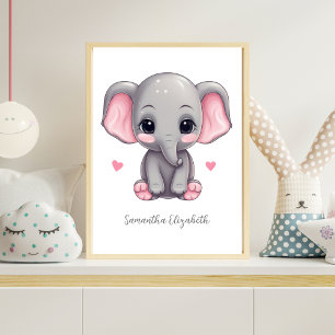 Affiche Nurserie personnalisée pour bébé fille éléphant ro