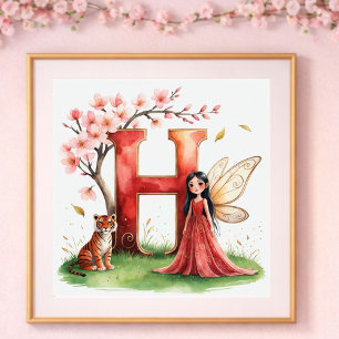 Affiche Nurserie pour Bébé Fille Lettre H Fée Floral