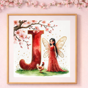 Affiche Nurserie pour Bébé Fille Lettre J Fée Floral