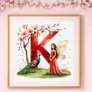 Affiche Nurserie pour Bébé Fille Lettre K Fée Florale