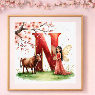 Affiche Nurserie pour Bébé Fille Lettre N Fée Floral