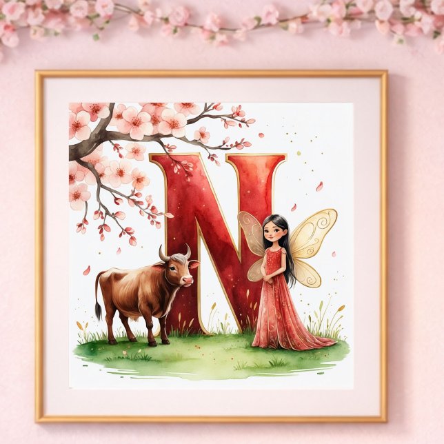 Affiche Nurserie pour Bébé Fille Lettre N Fée Floral (Créateur téléchargé)