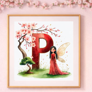 Affiche Nurserie pour Bébé Fille Lettre P Fée Floral