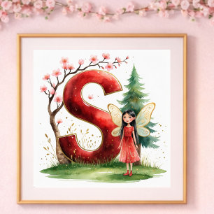 Affiche Nurserie pour Bébé Fille Lettre S Fée Floral
