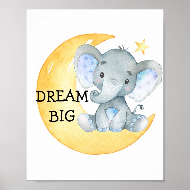 Affiche Nurserie pour bébé garçon éléphant aquarelle rêve  (Devant)