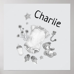Affiche Nursery à l'aquarelle vintage bébé noir et blanc