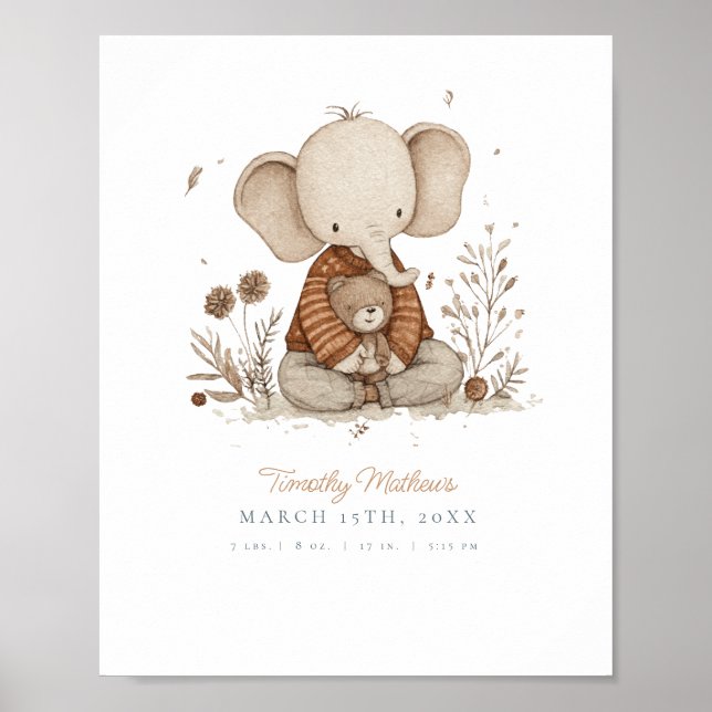 Affiche Nursery à l'éléphant aquarelle personnalisable (Devant)