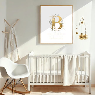 Affiche Nursery Cute Romantic Floral B Letter Gold Effect