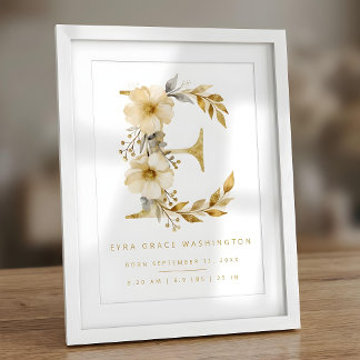 Affiche Nursery Cute Romantic Floral E Letter Gold Glitter