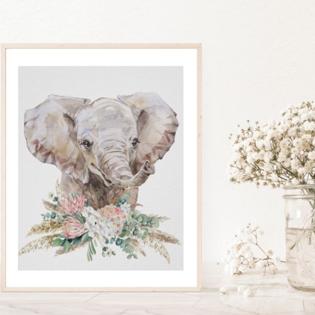 Affiche Nursery Éléphant Bébé Aquarelle Tropical Bohème (Créateur téléchargé)