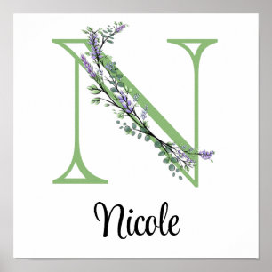 Affiche Nursery Monogramme N Lavande Eucalyptus