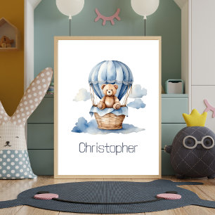 Affiche Nursery Ours en Peluche Montgolfière Bleue Bébé Ga