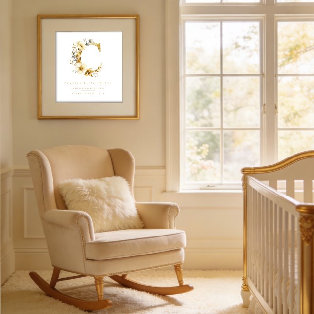 Affiche Nursery Romantic Floral C Letter Gold Effect (Delicate Romantic Floral C Letter in Gold Glitter Effect Posters for Nursery Decor.)