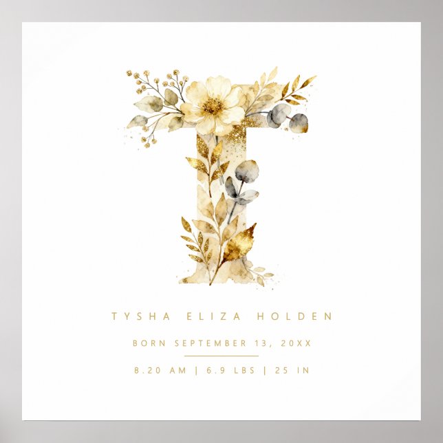 Affiche Nursery Romantic Floral T Letter Gold Effect (Devant)