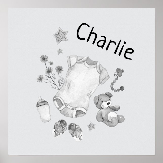 Affiche Nursery vintage bébé noir et blanc aquarelle (Devant)