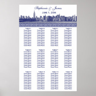 Affiche NYC large Skyline Etted BW Blue Greek Key S