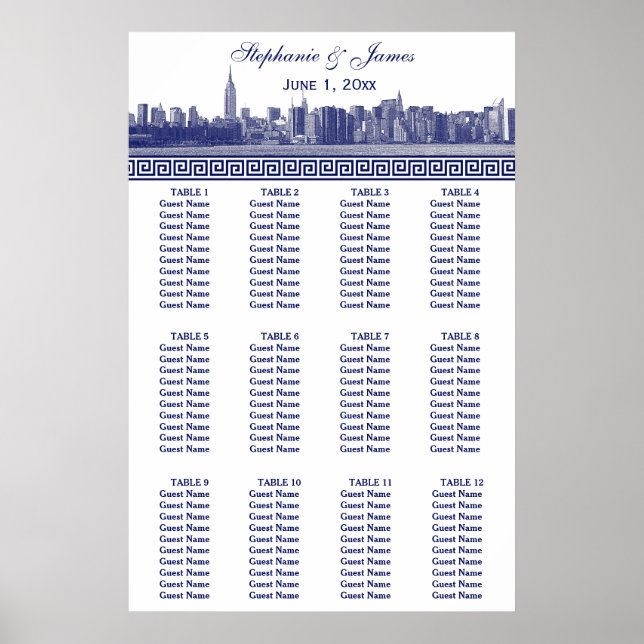Affiche NYC large Skyline Etted BW Blue Greek Key S (Devant)