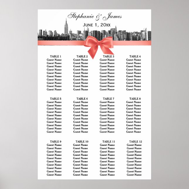 Affiche NYC large Skyline Etted BW Coral Bow (Devant)