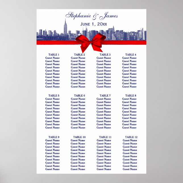 Affiche NYC large Skyline Etted BW rouge Bow bleu (Devant)