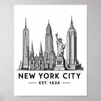 Affiche NYC Skyline Illustration with Statue of Liberty